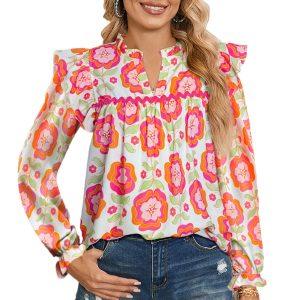 Women's Multicolor Rose Floral Printed Ruffled Long Sleeve Blouse for Casual Spring Style - Main View