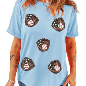 Women's Light Blue Gopher Ball Sequin Patched Casual T-Shirt for Game Day - Main View