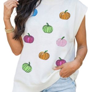 Women's Sequin Pumpkin Top, Casual Mock Neck Graphic Tee - Main View
