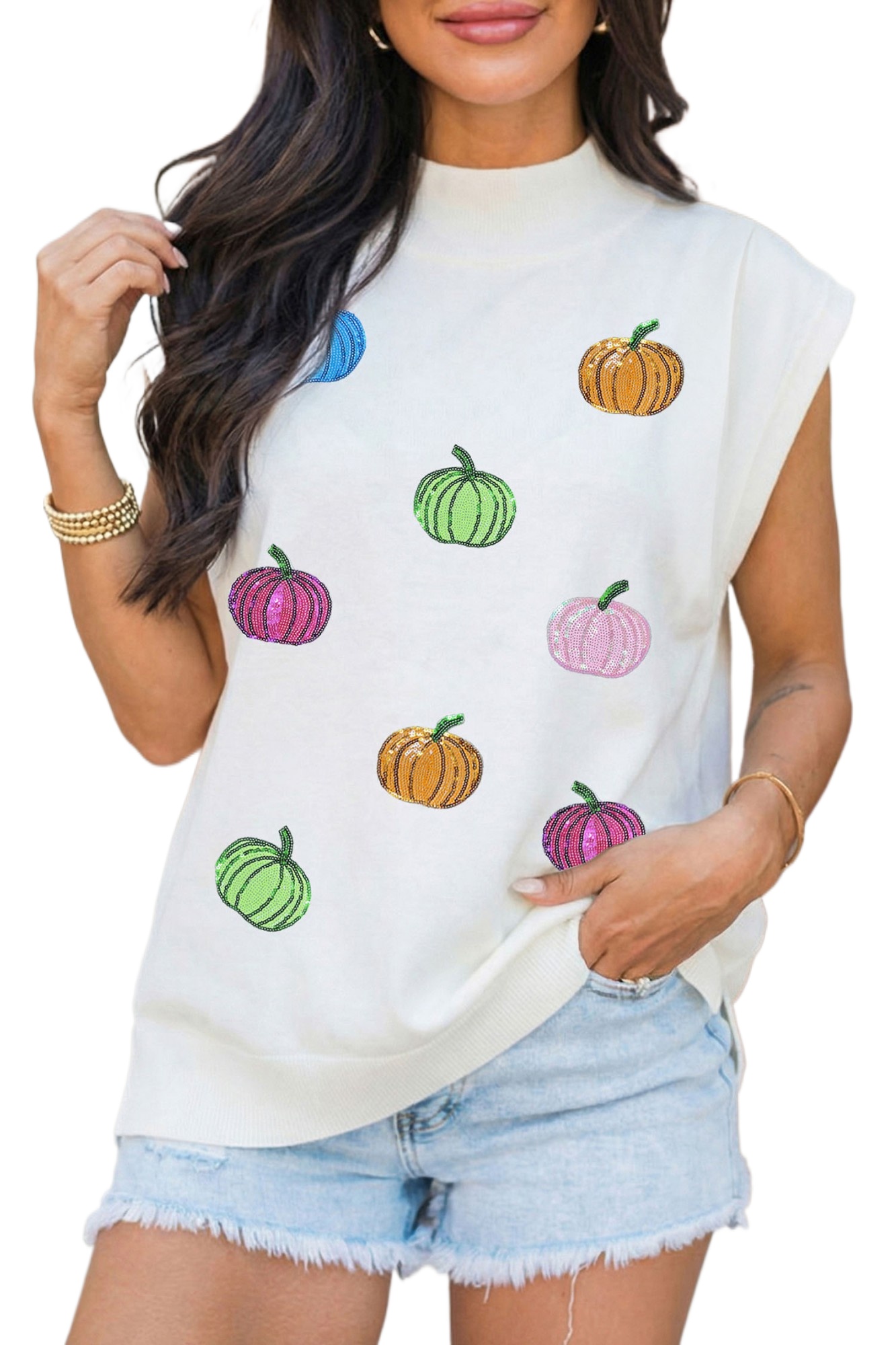 Women's Sequin Pumpkin Top, Casual Mock Neck Graphic Tee - Main View Women's Sequin Pumpkin Top, Casual Mock Neck Graphic Tee - Main View