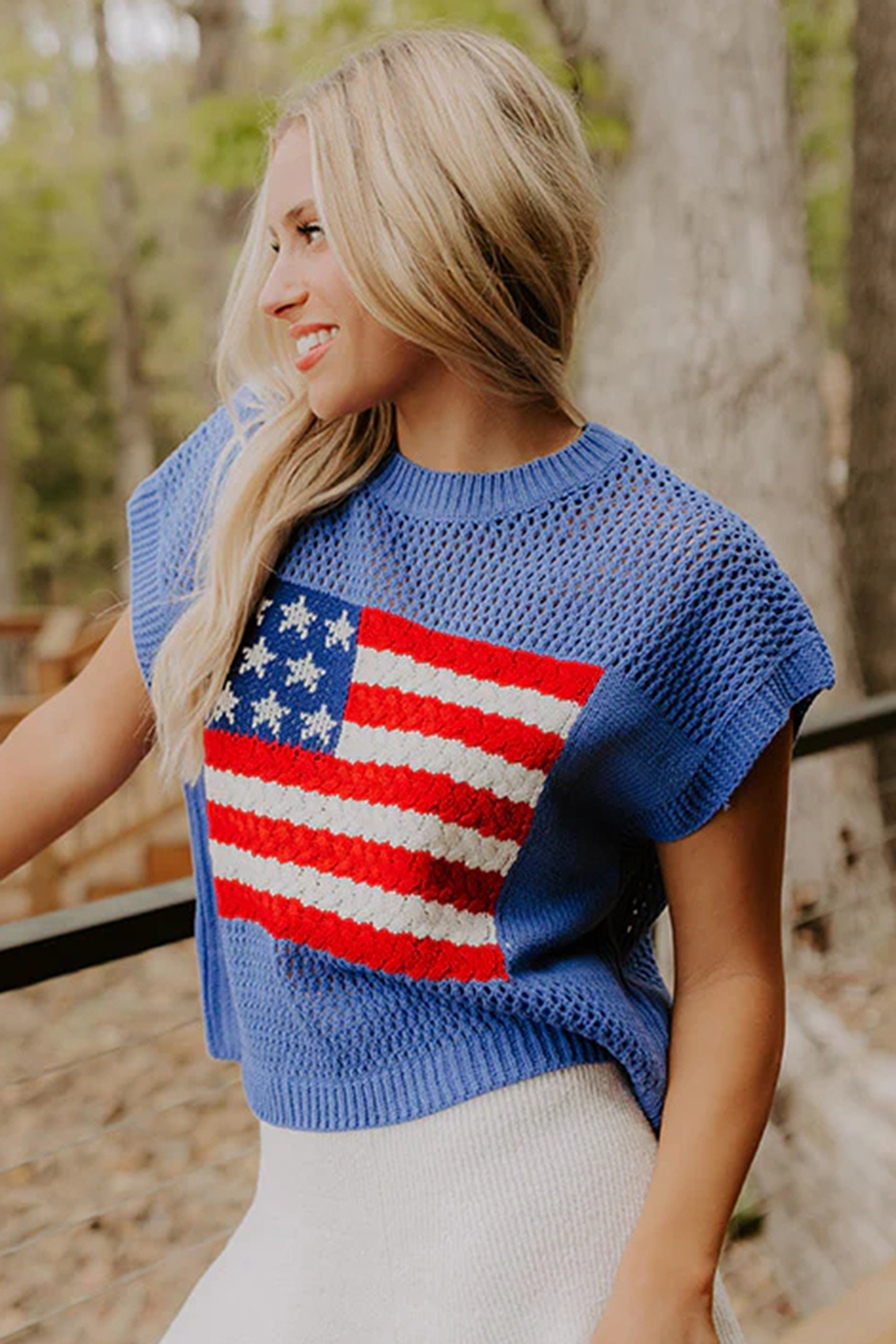 Casual Sky Blue Short Sleeve Sweater with Flag Graphic – Stylish Summer Top for Everyday Wear - Detail View 3 Casual Sky Blue Short Sleeve Sweater with Flag Graphic – Stylish Summer Top for Everyday Wear - Detail View 3
