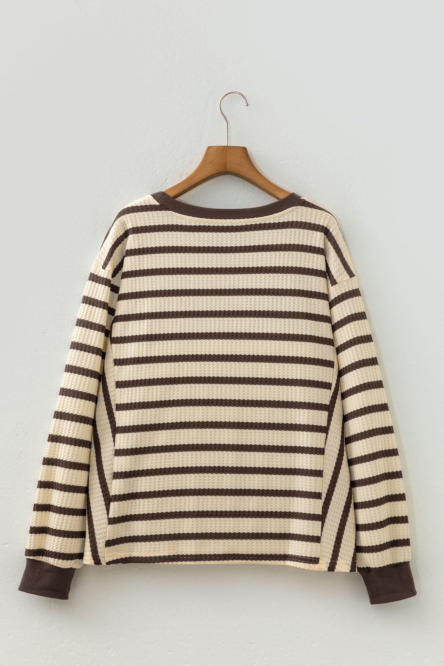 Brown Stripe Pullover, Women's Round Neck Waffle Knit Top - Detail View 8 Brown Stripe Pullover, Women's Round Neck Waffle Knit Top - Detail View 8