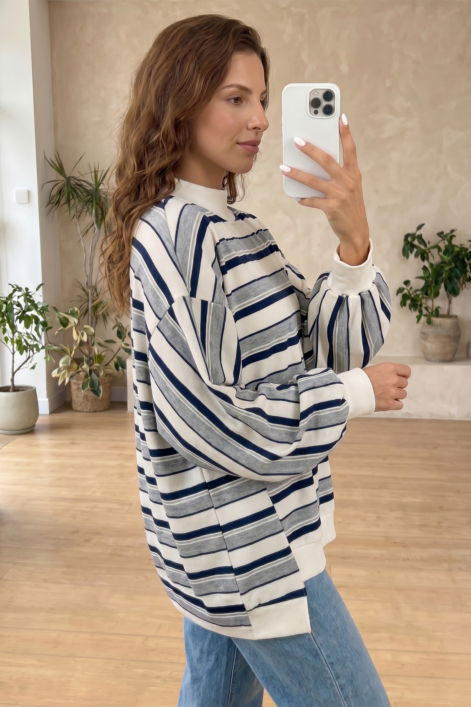 Oversized Striped Pullover, Modern Stand Neck Autumn Sweater - Detail View 2 Oversized Striped Pullover, Modern Stand Neck Autumn Sweater - Detail View 2