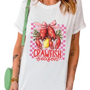 Women's White Checkerboard Crawfish Season Bow Crewneck T-Shirt - Main View