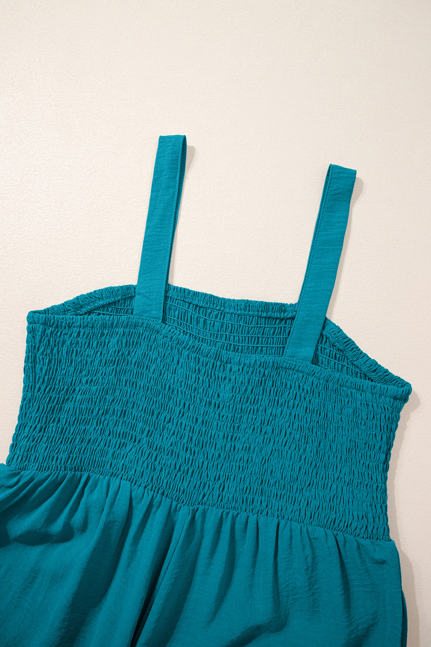 Chic Smocked Sleeveless Jumpsuit for Women – High Waist Peacock Blue Solid Color Romper, Summer Vacation Style - Detail View 8 Chic Smocked Sleeveless Jumpsuit for Women – High Waist Peacock Blue Solid Color Romper, Summer Vacation Style - Detail View 8