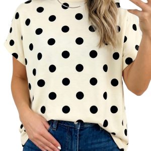 Women's Beige Polka Dot Mock Neck Top – Casual Summer Blouse - Main View