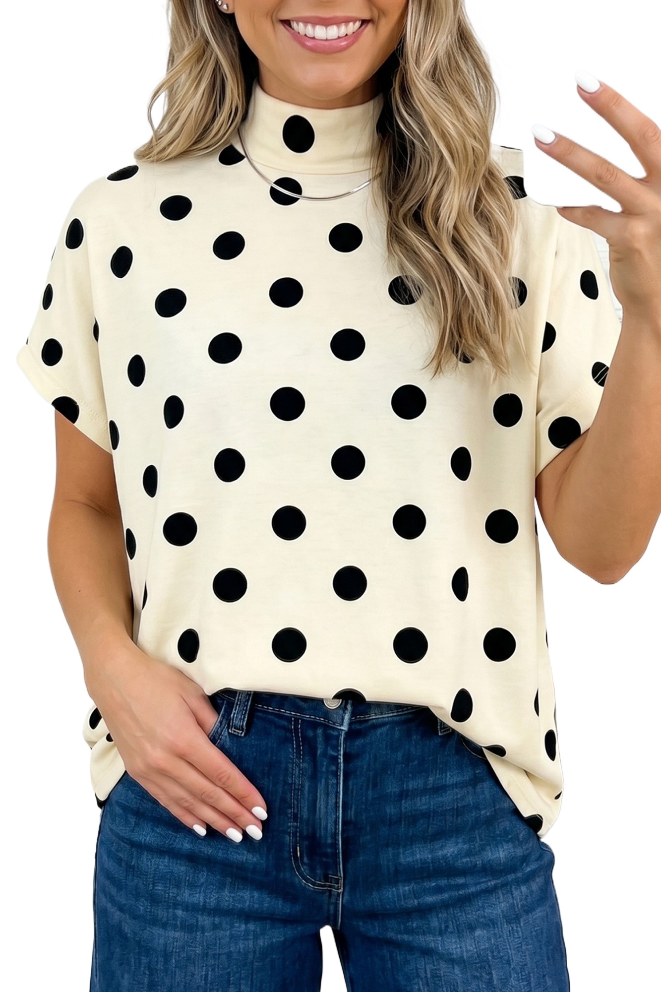 Women's Beige Polka Dot Mock Neck Top – Casual Summer Blouse - Main View Women's Beige Polka Dot Mock Neck Top – Casual Summer Blouse - Main View