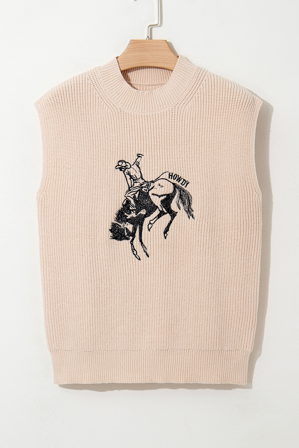 Stylish Western Print High Neck Sweater with Cap Sleeves - Oatmeal - Detail View 6 Stylish Western Print High Neck Sweater with Cap Sleeves - Oatmeal - Detail View 6