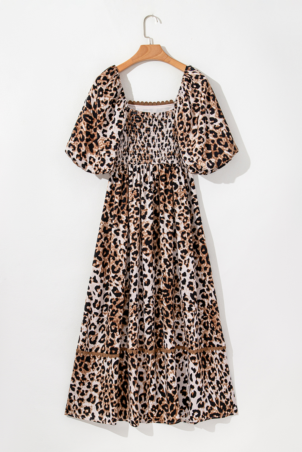Trendy Brown Leopard Maxi Dress with Square Neck and Puff Sleeves - Detail View 10 Trendy Brown Leopard Maxi Dress with Square Neck and Puff Sleeves - Detail View 10