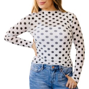 Women's Polka Dot Mesh Top – Sheer Long Sleeve Mock Neck - Main View
