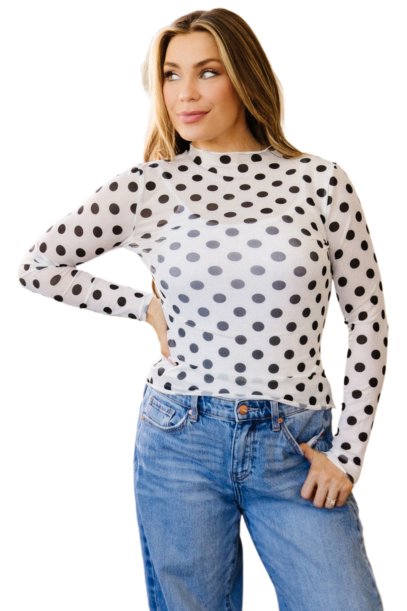 Women's Polka Dot Mesh Top – Sheer Long Sleeve Mock Neck - Main View Women's Polka Dot Mesh Top – Sheer Long Sleeve Mock Neck - Main View