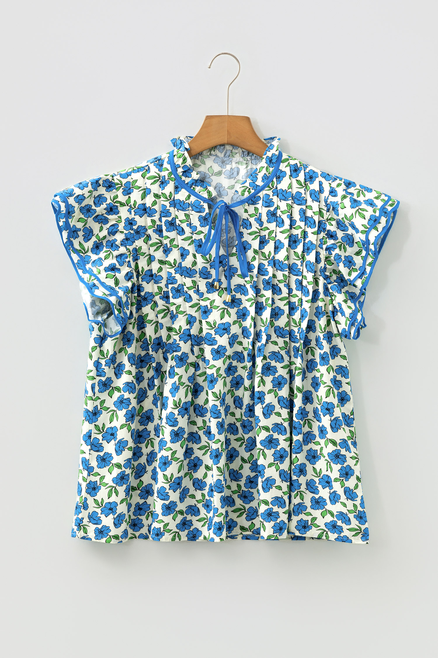 Chic Sky Blue Flower Blouse for Women – Tiered Flutter Sleeves & Pleated Design for Daily Wear - Detail View 2 Chic Sky Blue Flower Blouse for Women – Tiered Flutter Sleeves & Pleated Design for Daily Wear - Detail View 2