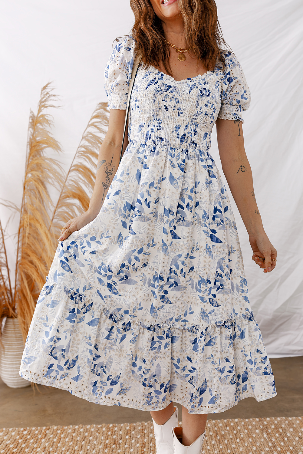 Chic Sky Blue Smocked Bodice Midi Dress for Women – Perfect for Vacation and Daily Wear - Detail View 8 Chic Sky Blue Smocked Bodice Midi Dress for Women – Perfect for Vacation and Daily Wear - Detail View 8