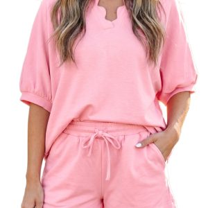 Women's Scalloped V-Neck Lounge Set – Dolman Sleeve Top and Drawstring Shorts in Gossamer Pink - Main View