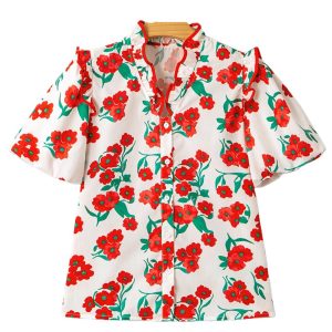 Women's Elegant Red Floral Print Ruffled Puff Sleeve Summer Shirt - Main View