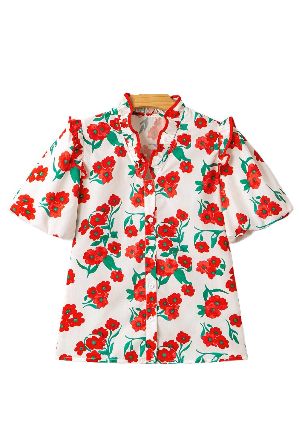 Women's Elegant Red Floral Print Ruffled Puff Sleeve Summer Shirt - Main View Women's Elegant Red Floral Print Ruffled Puff Sleeve Summer Shirt - Main View