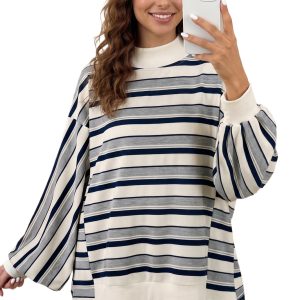Women's Striped Sweatshirt, Mock Neck Long Sleeve Casual Top - Main View