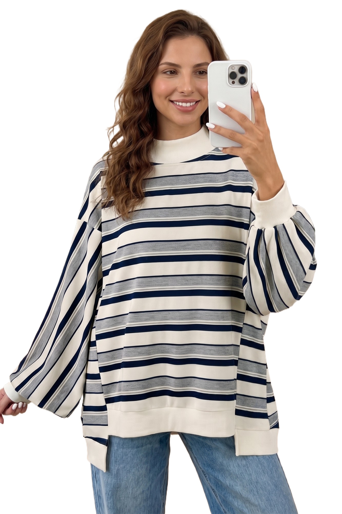 Women's Striped Sweatshirt, Mock Neck Long Sleeve Casual Top - Main View Women's Striped Sweatshirt, Mock Neck Long Sleeve Casual Top - Main View