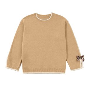Women's Tan Leopard Bow Sweater – Plus Size Loose Casual Daily Wear - Main View