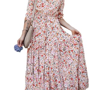 Women's Red Boho Floral V Neck Maxi Dress with Half Sleeves - Main View