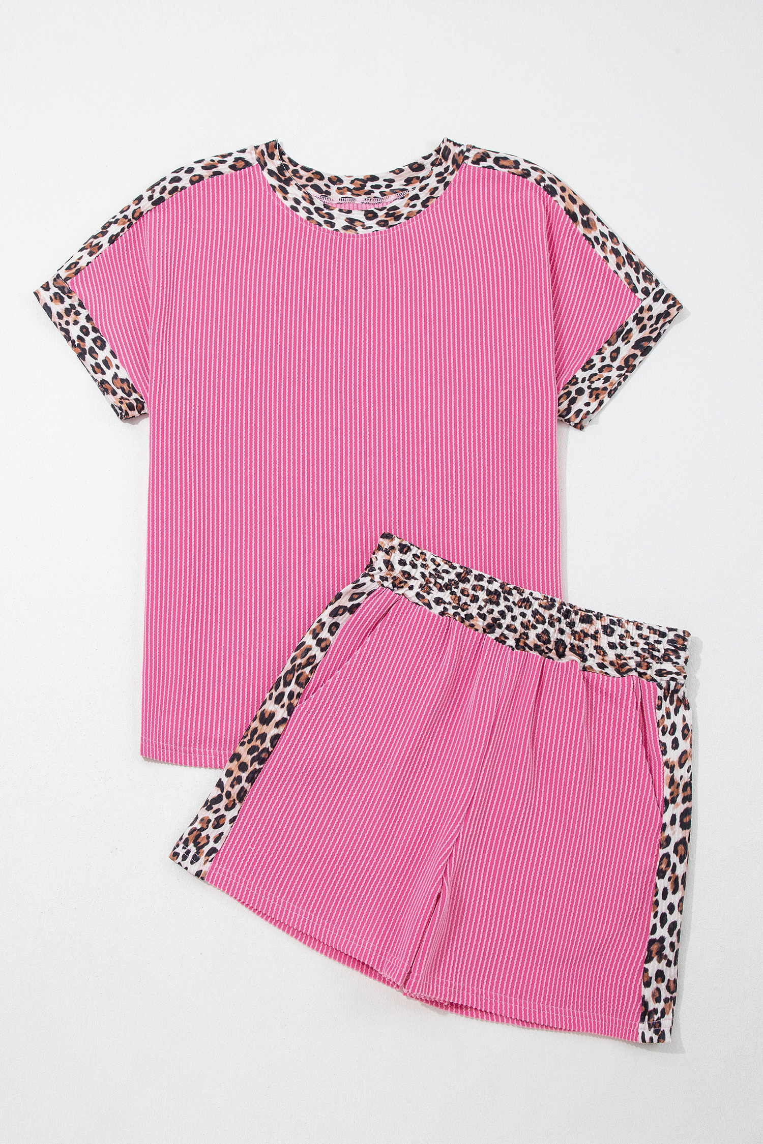 Women's Casual Ribbed Short Set – Sachet Pink with Leopard Trim, Soft Polyester Blend for Summer Loungewear - Detail View 3 Women's Casual Ribbed Short Set – Sachet Pink with Leopard Trim, Soft Polyester Blend for Summer Loungewear - Detail View 3