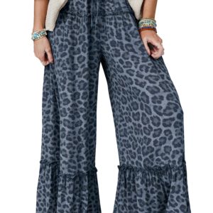 Chic Gray Wild Leopard Print Wide Leg Pants – Flared Drawstring Design for Casual Comfort - Main View