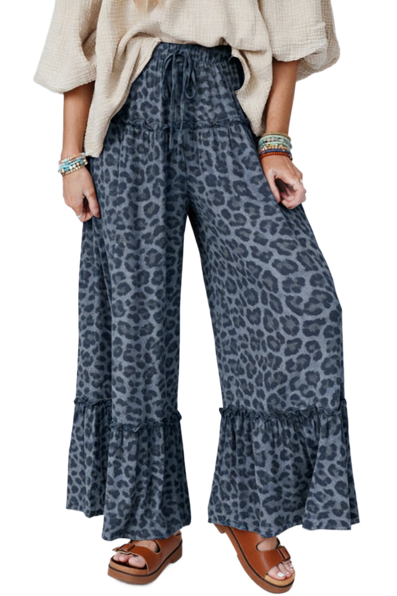 Chic Gray Wild Leopard Print Wide Leg Pants – Flared Drawstring Design for Casual Comfort - Main View Chic Gray Wild Leopard Print Wide Leg Pants – Flared Drawstring Design for Casual Comfort - Main View