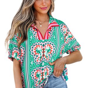 Women's Sea Green Boho Abstract Print Contrast Striped V Neck Blouse - Main View