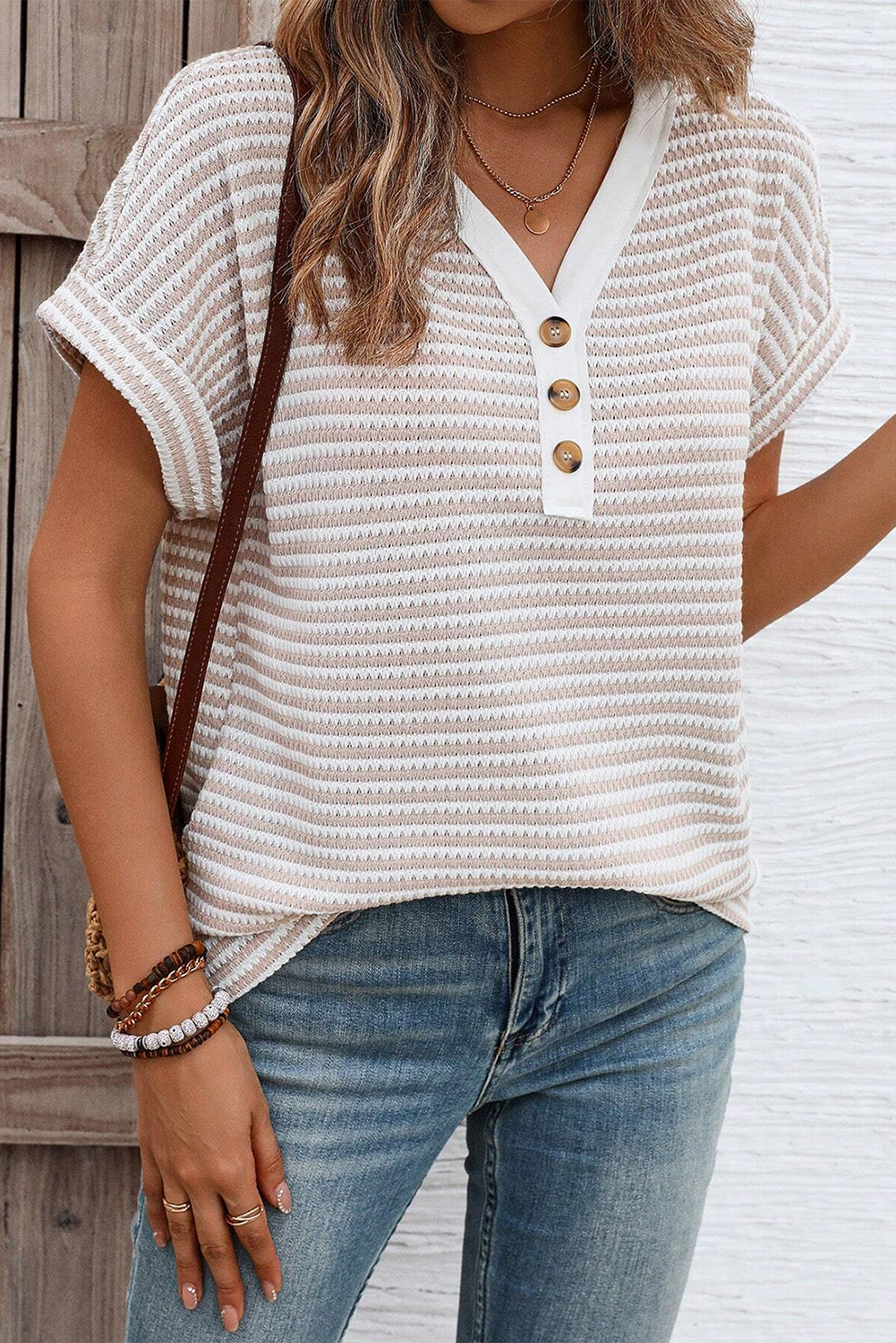 Stylish Khaki Striped V Neck T-Shirt - Cozy Knitted Fabric for Casual Wear - Detail View 10 Stylish Khaki Striped V Neck T-Shirt - Cozy Knitted Fabric for Casual Wear - Detail View 10