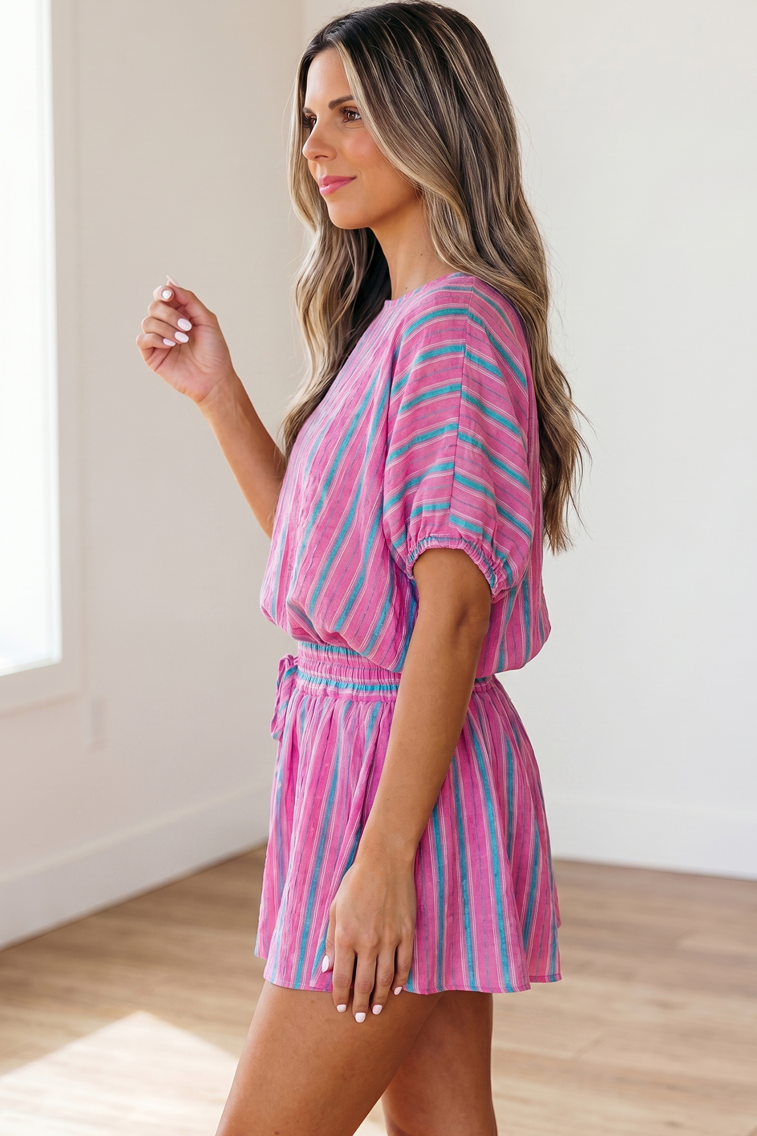 Stylish Pink Stripe Two-Piece Outfit for Women – Dolman Short Sleeve Top & Drawstring Waist Shorts, Summer Gift - Detail View 2 Stylish Pink Stripe Two-Piece Outfit for Women – Dolman Short Sleeve Top & Drawstring Waist Shorts, Summer Gift - Detail View 2