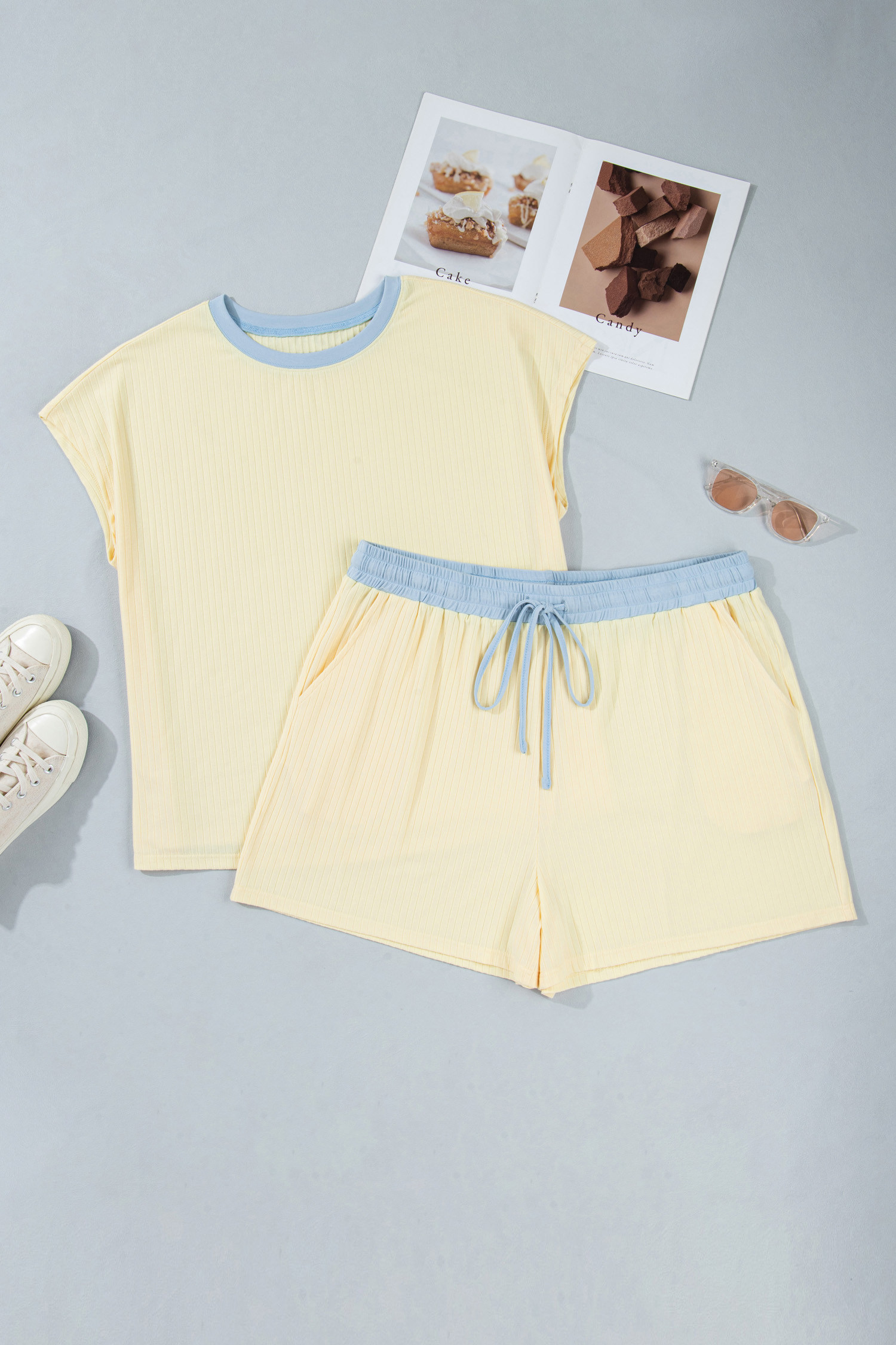 Women's Plus Size Yellow Cream Ribbed 2 Piece Outfit – Color Block Drawstring Shorts Set for Gifting - Detail View 3 Women's Plus Size Yellow Cream Ribbed 2 Piece Outfit – Color Block Drawstring Shorts Set for Gifting - Detail View 3