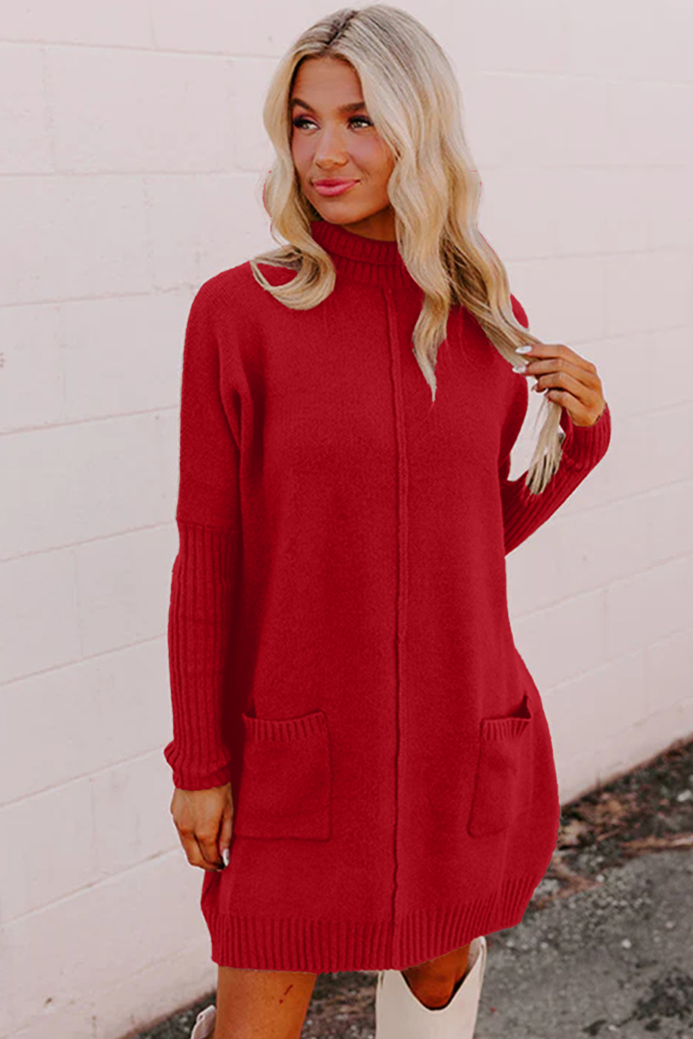 Women's Fiery Red Ribbed Shift Sweater Dress with Pockets – Casual Daily Wear - Detail View 10 Women's Fiery Red Ribbed Shift Sweater Dress with Pockets – Casual Daily Wear - Detail View 10