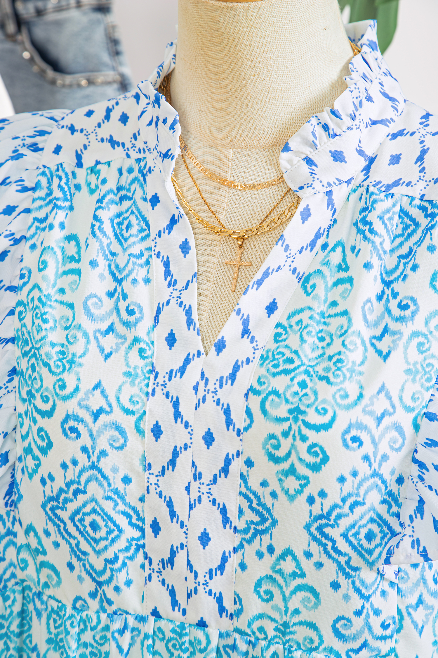 Women's Geometric Print Mini Dress – Ruffle Detail Summer Wear - Detail View 3 Women's Geometric Print Mini Dress – Ruffle Detail Summer Wear - Detail View 3