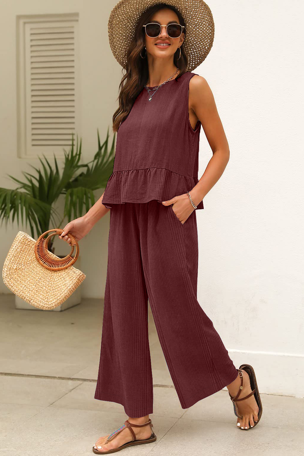 Stylish Women's Two Piece Set: Sleeveless Ruffle Tank and Wide Leg Pants in Red Dahlia - Detail View 2 Stylish Women's Two Piece Set: Sleeveless Ruffle Tank and Wide Leg Pants in Red Dahlia - Detail View 2