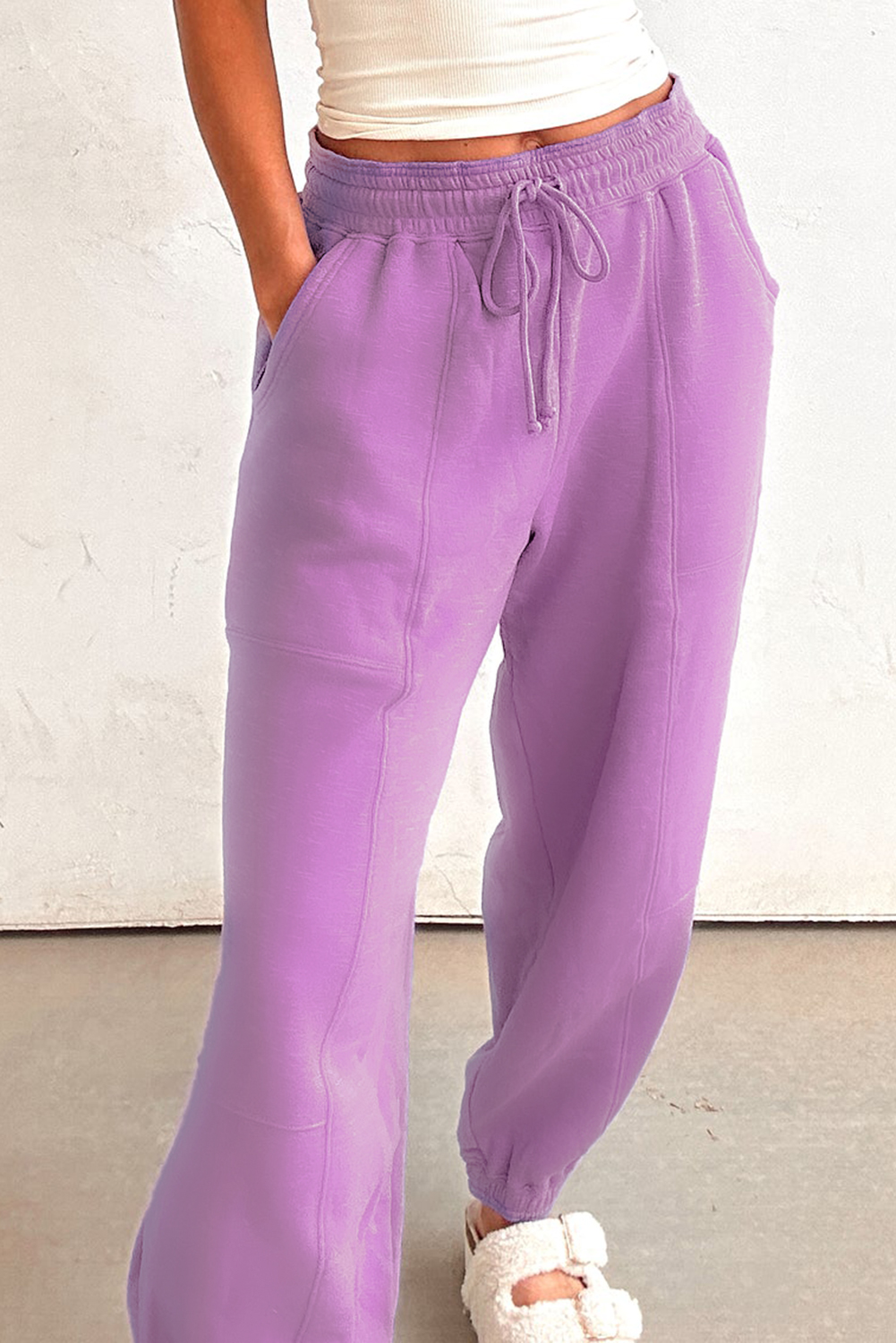 Trendy Lilac Patchwork Joggers with Adjustable Drawstring Waist for a Custom Fit - Detail View 6 Trendy Lilac Patchwork Joggers with Adjustable Drawstring Waist for a Custom Fit - Detail View 6