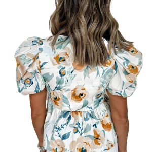 Women's Green Floral Print Puff Sleeve V Neck Babydoll Blouse - Elegant Summer Top - Main View