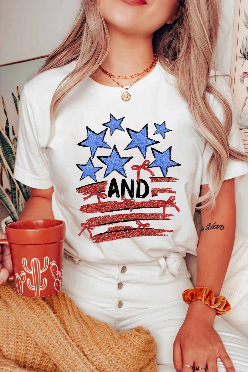Chic Round Neck Graphic Tee with Shimmer Stars and Stripes - Casual Style - Detail View 2 Chic Round Neck Graphic Tee with Shimmer Stars and Stripes - Casual Style - Detail View 2