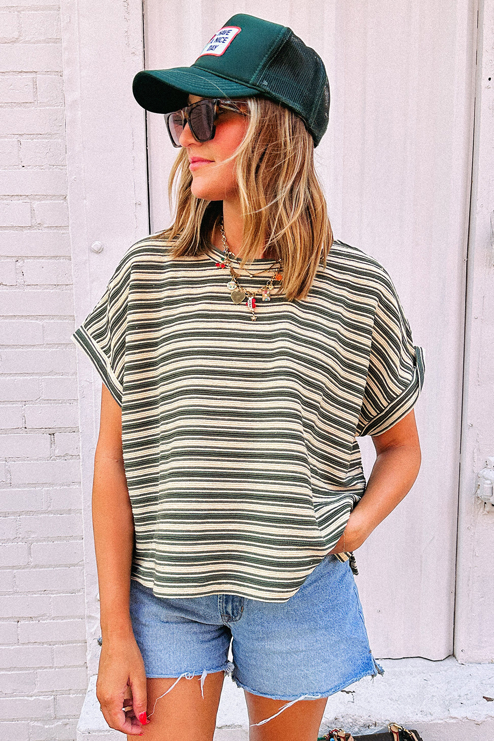 Women's T-Shirt, Green Stripe, Textured Fabric, Crew Neck, Dolman Sleeve, Casual Style, Side Slits, Summer Fashion, Daily Wear, Comfortable Fit, Classic Design, Versatile Top, Tops & Tees - Detail View 4 Women's T-Shirt, Green Stripe, Textured Fabric, Crew Neck, Dolman Sleeve, Casual Style, Side Slits, Summer Fashion, Daily Wear, Comfortable Fit, Classic Design, Versatile Top, Tops & Tees - Detail View 4