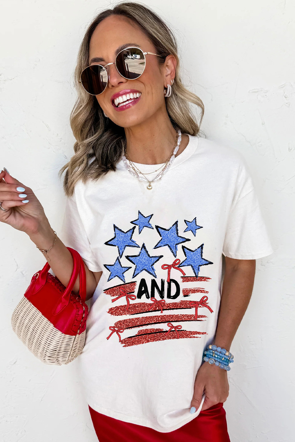 Women's Graphic T-Shirt, White, Stars and Stripes, Bow Detail, Round Neck, Casual Style, Summer Fashion, Patriotic Tee, Comfortable, Trendy Design, Daily Wear, Short Sleeve, Shift Silhouette - Detail View 4 Women's Graphic T-Shirt, White, Stars and Stripes, Bow Detail, Round Neck, Casual Style, Summer Fashion, Patriotic Tee, Comfortable, Trendy Design, Daily Wear, Short Sleeve, Shift Silhouette - Detail View 4