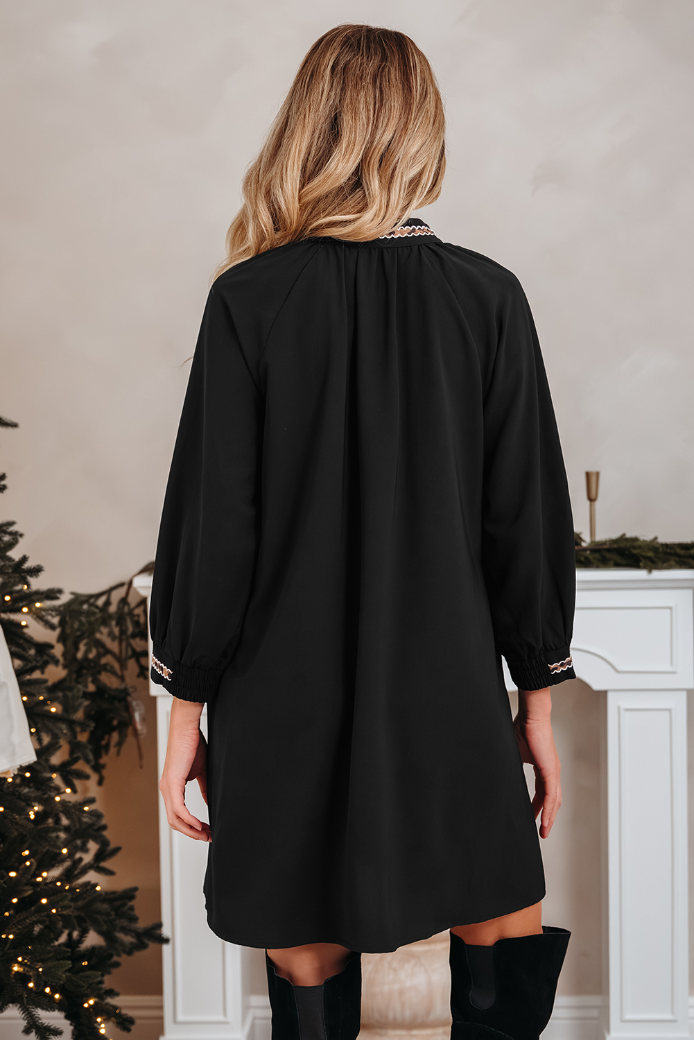 Southern Belle Black Mini Dress: Contrast Trim Bracelet Sleeve Style for Fall - Detail View 2 Southern Belle Black Mini Dress: Contrast Trim Bracelet Sleeve Style for Fall - Detail View 2