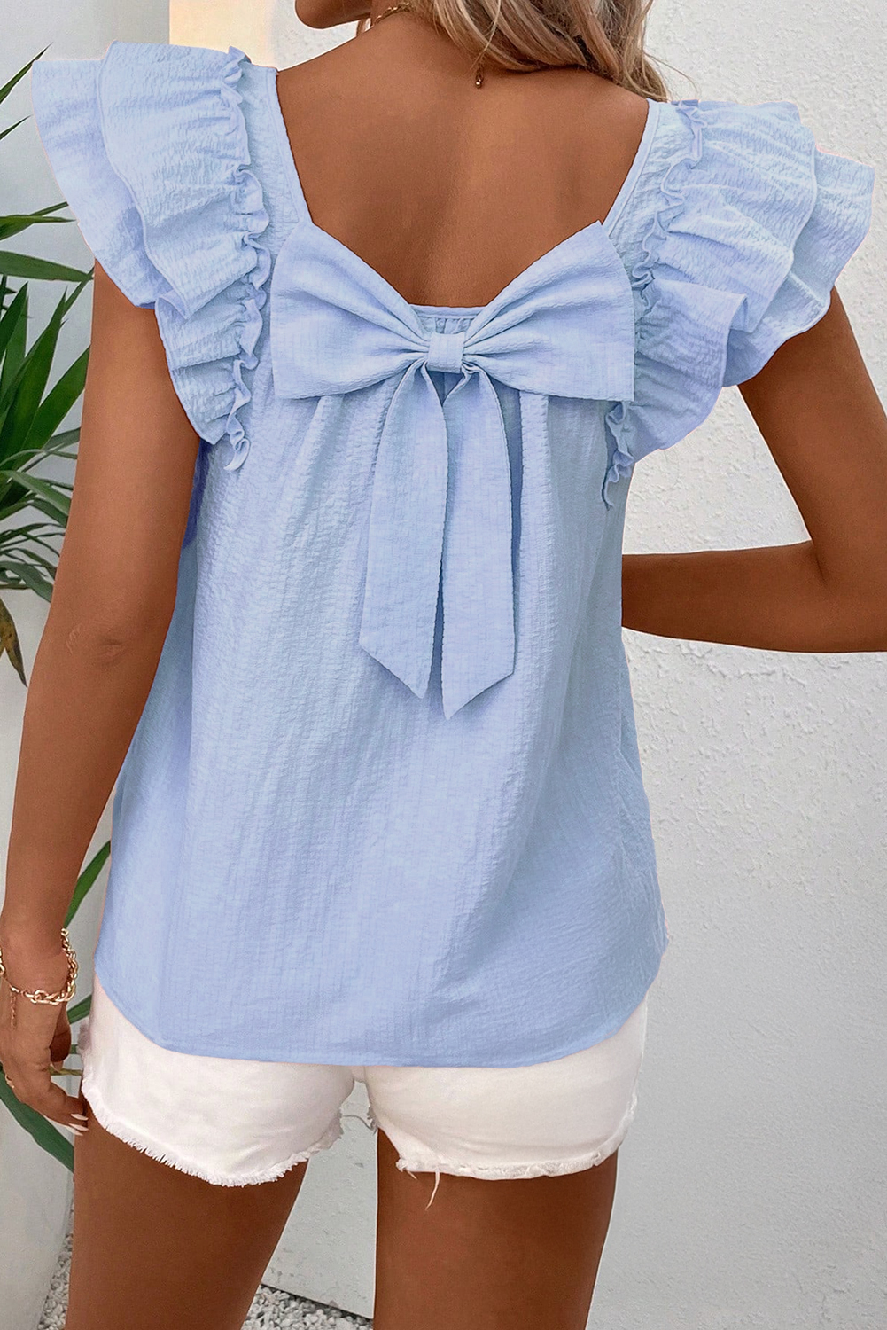 Chic Butterfly Sleeve Blouse in Beau Blue with Stylish Bow Knot Detail - Detail View 2 Chic Butterfly Sleeve Blouse in Beau Blue with Stylish Bow Knot Detail - Detail View 2