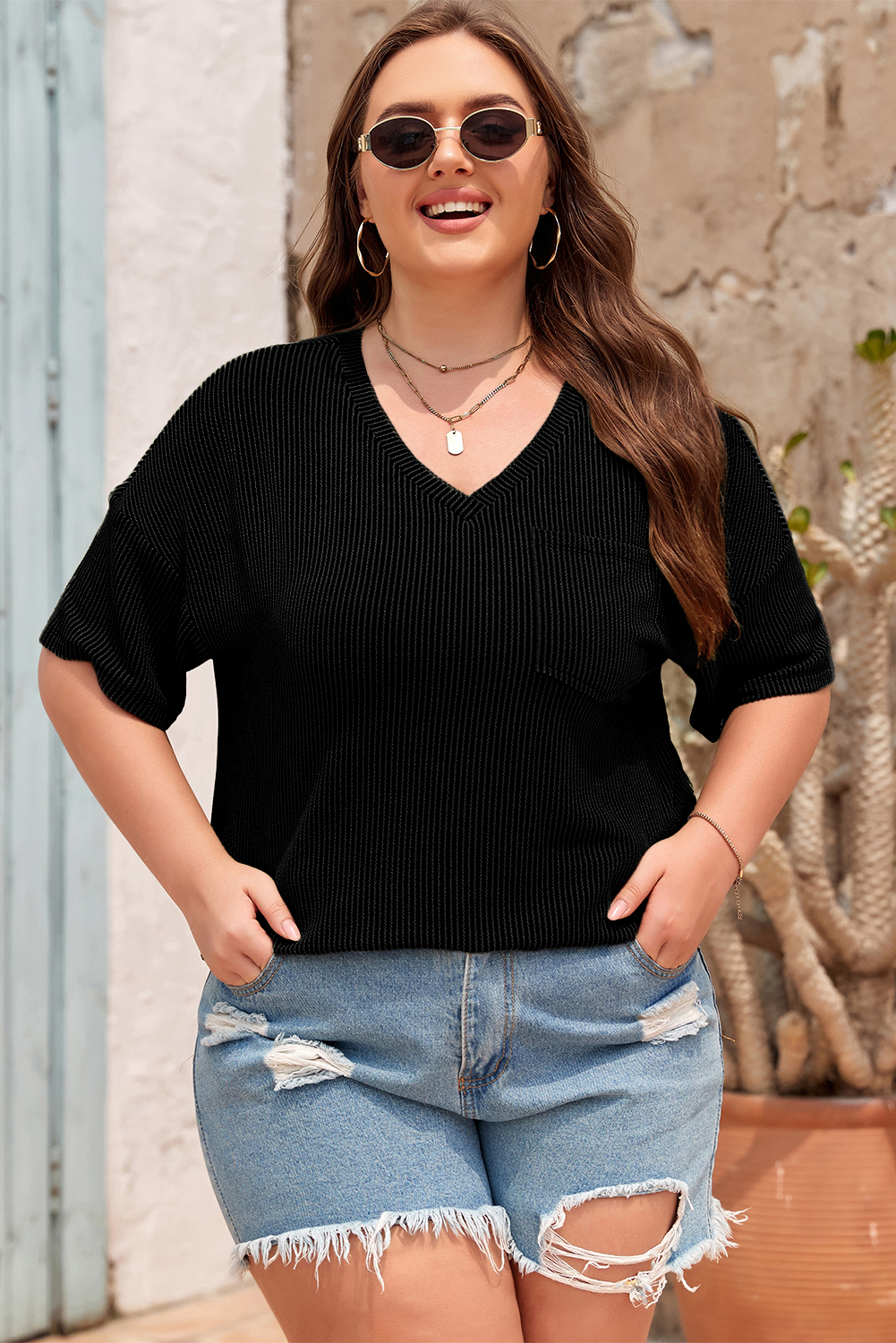 Women's Black Textured V-Neck Plus T-Shirt – Casual Summer Essential for Everyday Wear - Detail View 10 Women's Black Textured V-Neck Plus T-Shirt – Casual Summer Essential for Everyday Wear - Detail View 10