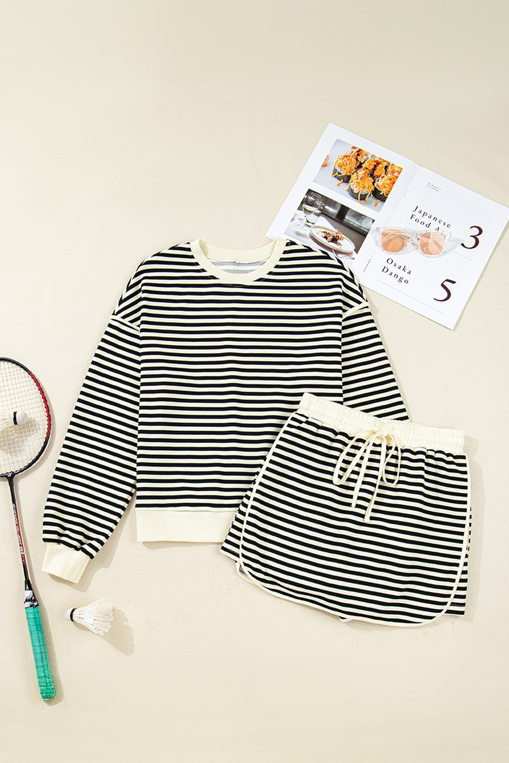 Casual Black Striped Two-Piece Dress Set for Women – Drop Shoulder & Drawstring - Detail View 11 Casual Black Striped Two-Piece Dress Set for Women – Drop Shoulder & Drawstring - Detail View 11