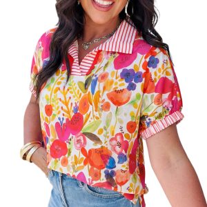 Women's Rose Floral Print Blouse with Striped Trim – Casual V Neck Short Sleeve Top for Summer - Main View