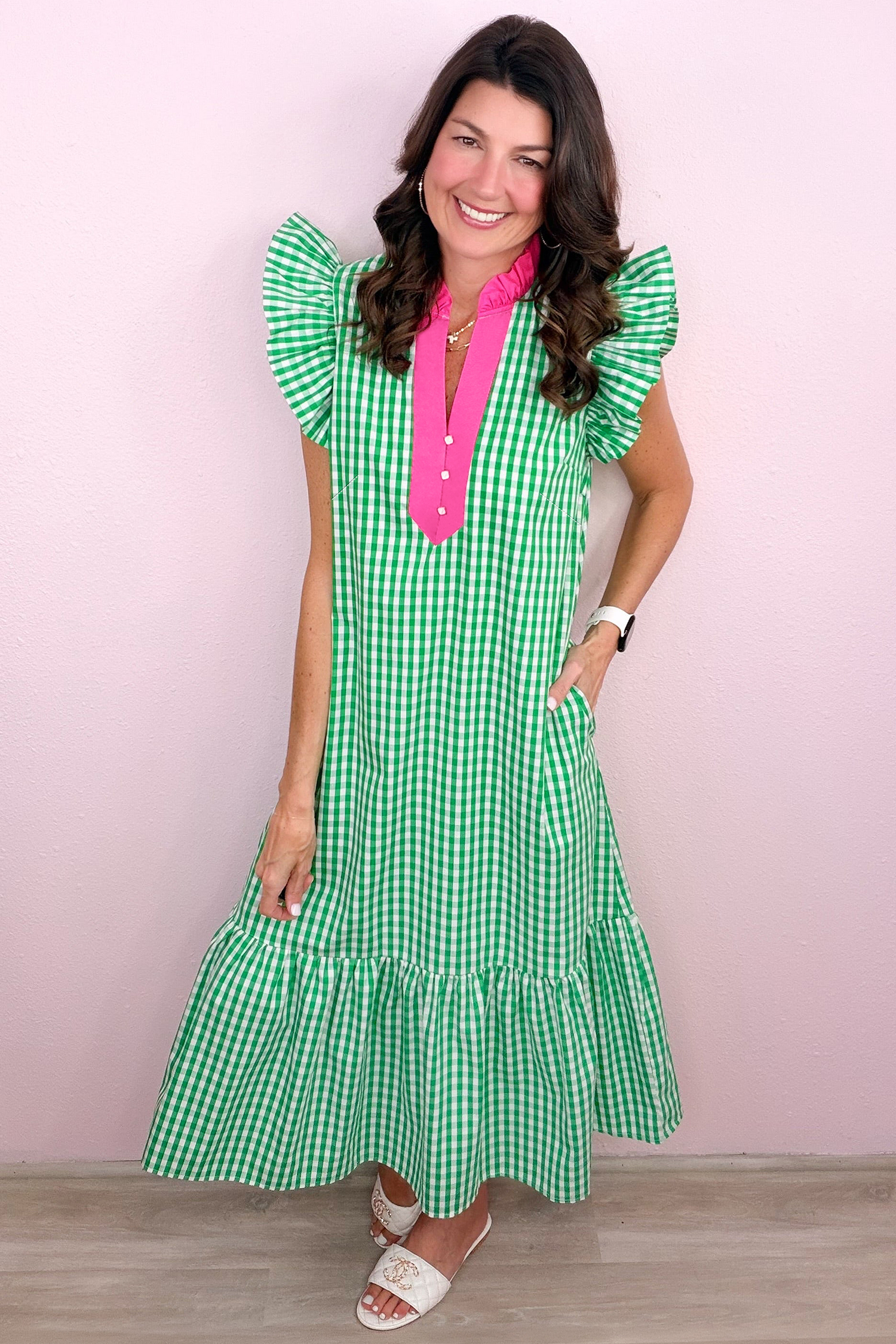 Women's Plaid Dress – Easter Graduation Colorblock Midi - Detail View 2 Women's Plaid Dress – Easter Graduation Colorblock Midi - Detail View 2