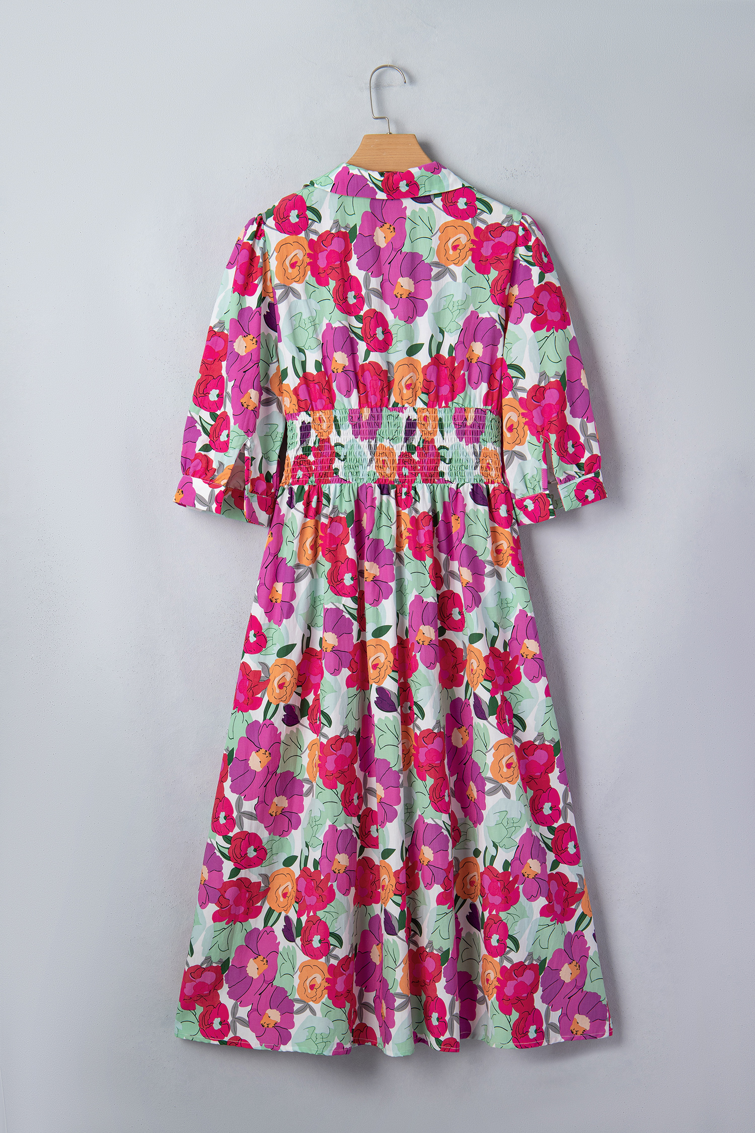 Vibrant Rose Floral Midi Dress – Southern Belle Style Shift Dress with Shirred Waist and Zip Up Detail for Vacation - Detail View 12 Vibrant Rose Floral Midi Dress – Southern Belle Style Shift Dress with Shirred Waist and Zip Up Detail for Vacation - Detail View 12