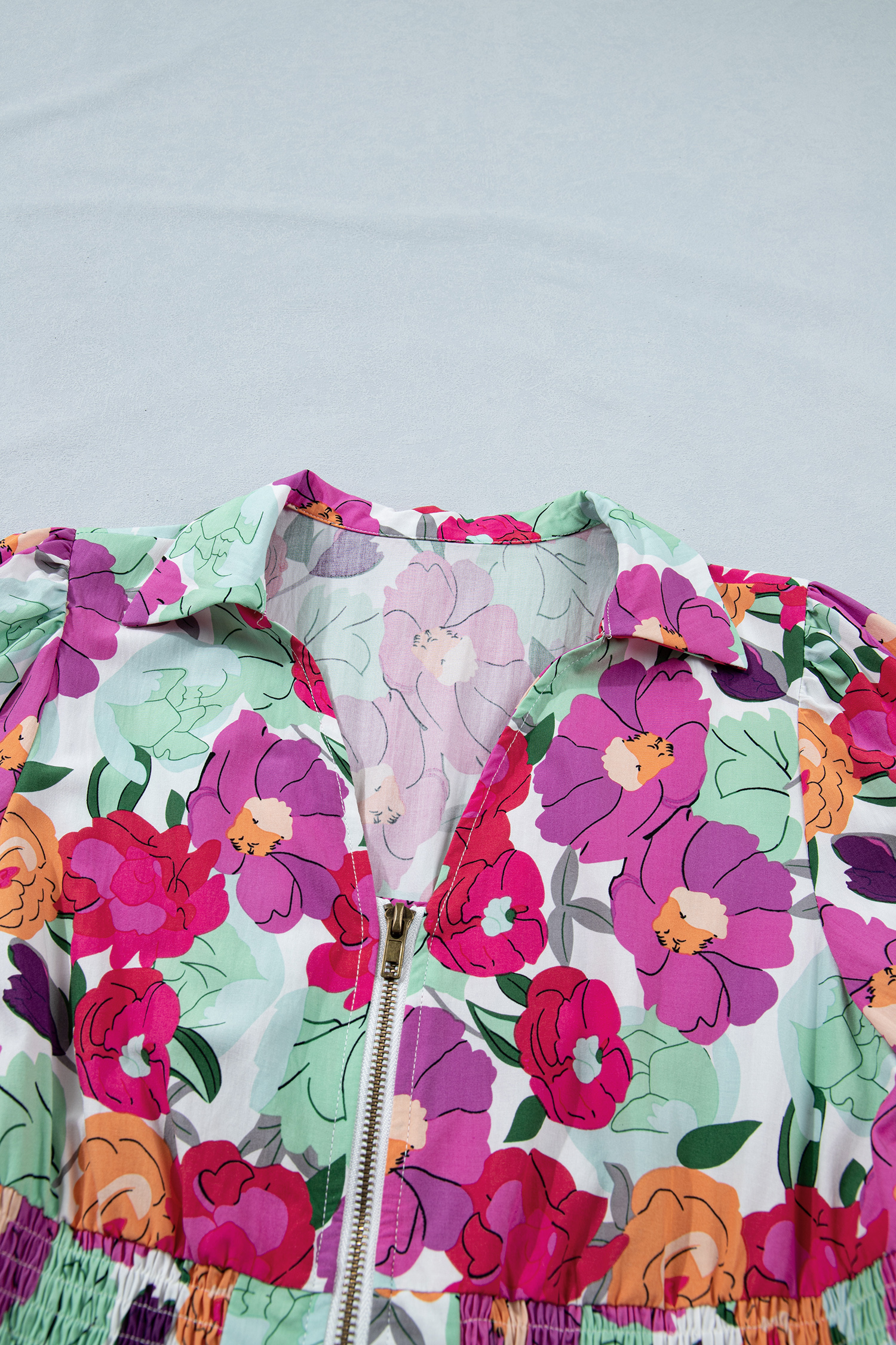 Women's Floral Midi Dress – V Neck Zip Up Shift Dress with Shirred Waist, Casual Summer Vacation Style - Detail View 7 Women's Floral Midi Dress – V Neck Zip Up Shift Dress with Shirred Waist, Casual Summer Vacation Style - Detail View 7