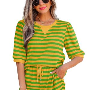 Women's Yellow Stripe Waffle Knit Short Set – Casual Shift Top and High Waist Shorts - Main View