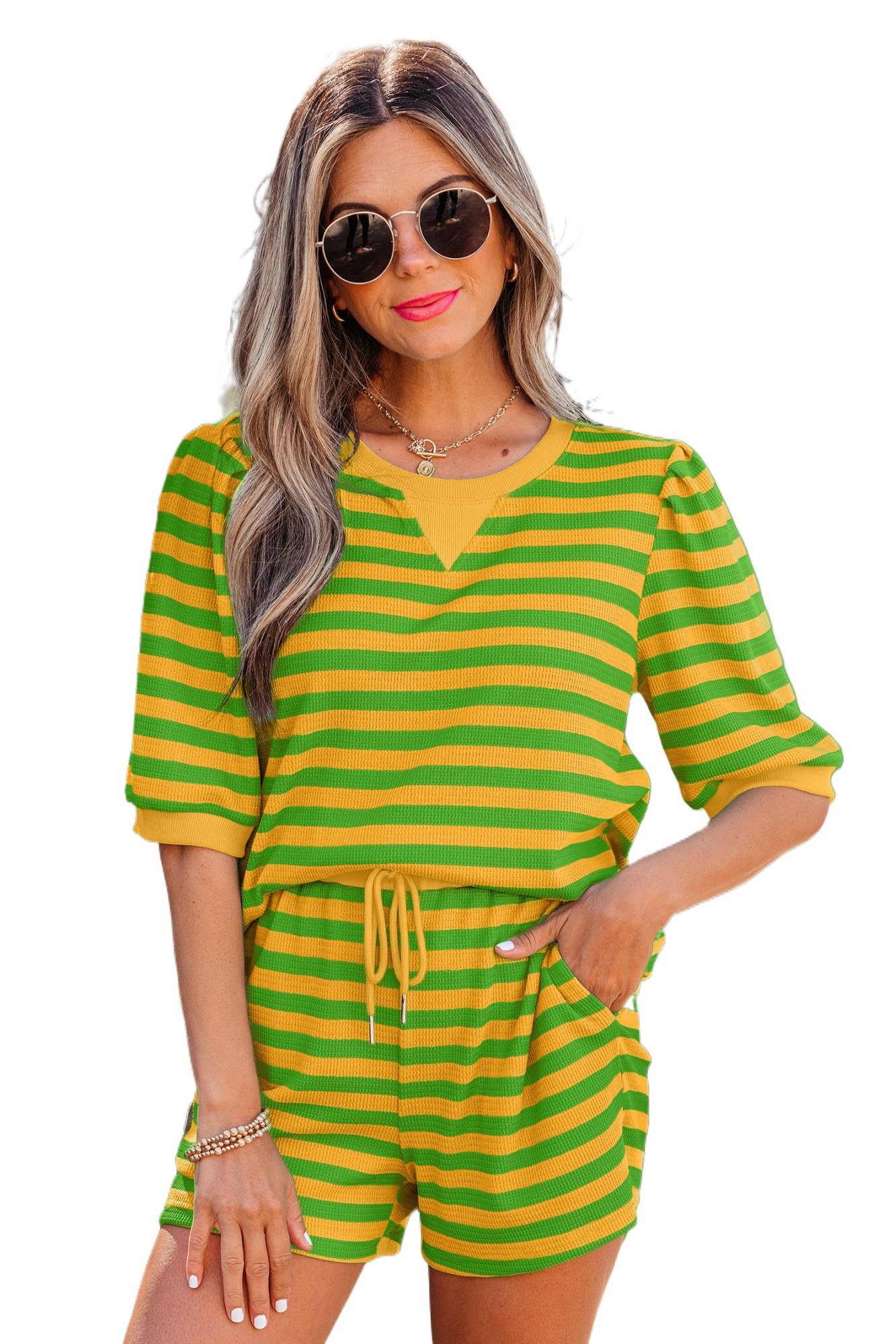 Women's Yellow Stripe Waffle Knit Short Set – Casual Shift Top and High Waist Shorts - Main View Women's Yellow Stripe Waffle Knit Short Set – Casual Shift Top and High Waist Shorts - Main View