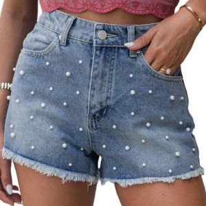 Women's Dusk Blue Pearl Beaded Raw Hem Medium Wash Denim Shorts - Main View